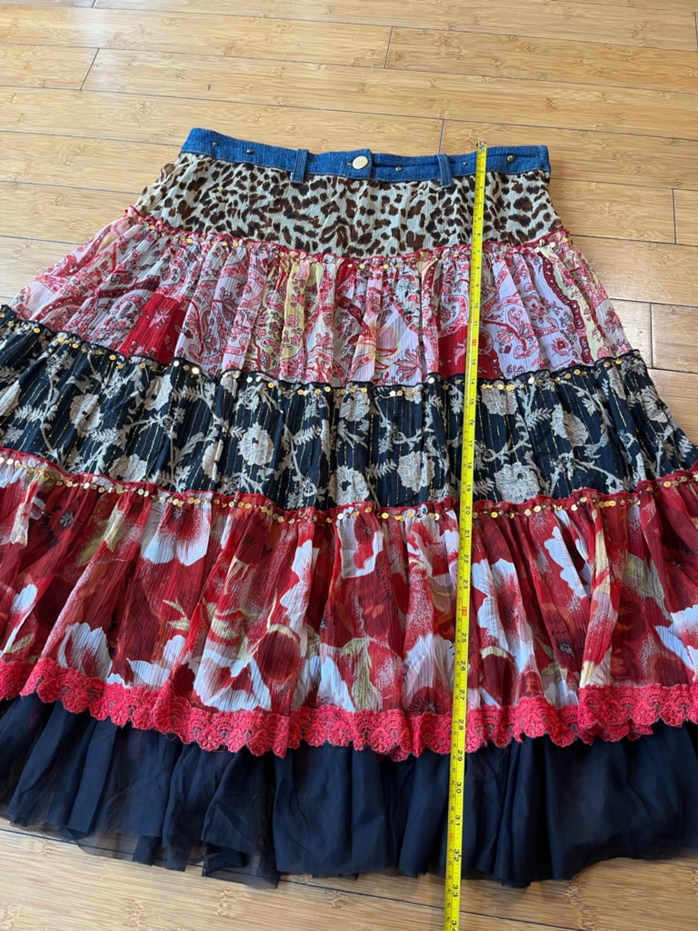 XOXO Y2K Tiered Mixed Media Floral Patchwork Low Rise Artsy Skirt with Sequins - Picture 6 of 12